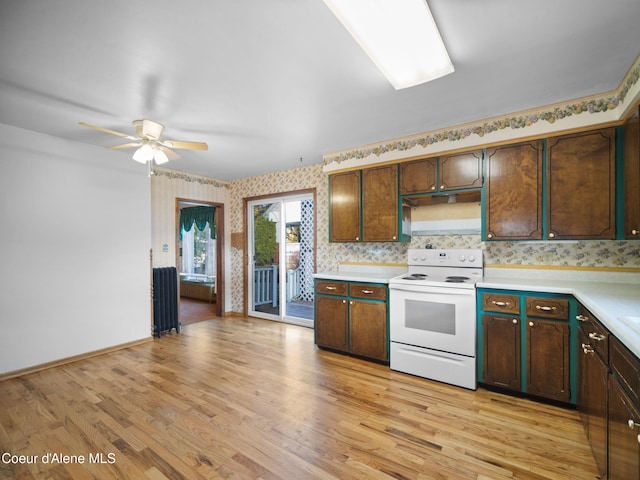 kitchen featuring light hardwood / wood-style floors, ceiling fan, dark brown cabinets, and white electric range