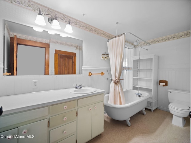 full bathroom with toilet, vanity, and shower / bathtub combination with curtain