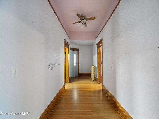 hall featuring radiator heating unit and light wood-type flooring