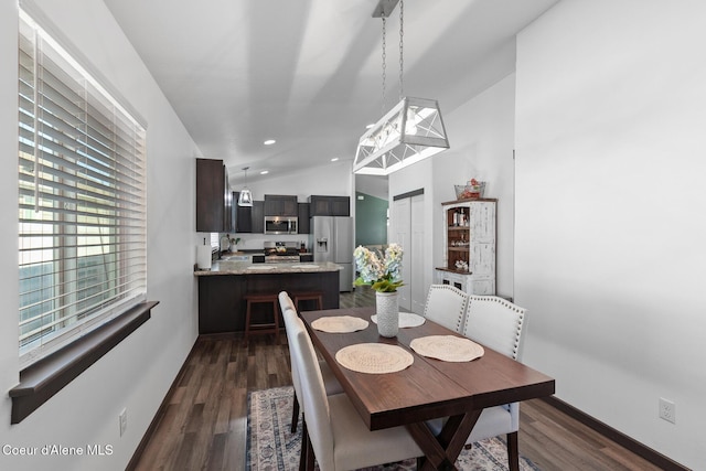 dining room featuring vaulted ceiling, sink, and dark hardwood / wood-style flooring