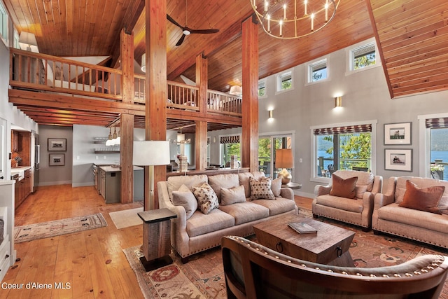 living room featuring high vaulted ceiling, light hardwood / wood-style floors, and wood ceiling