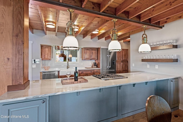 kitchen featuring decorative light fixtures, kitchen peninsula, wood ceiling, light stone countertops, and stainless steel appliances