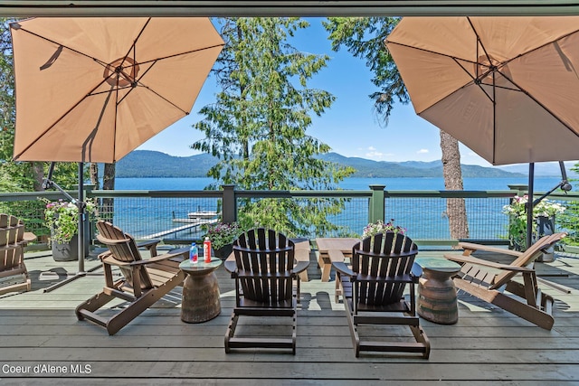 wooden deck with a water and mountain view