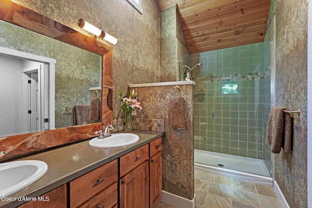 bathroom with wood ceiling, lofted ceiling, a shower with shower door, and vanity