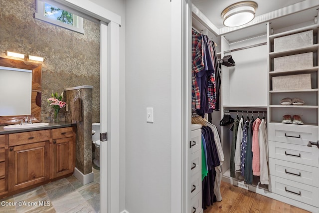 bathroom with toilet, hardwood / wood-style floors, and vanity