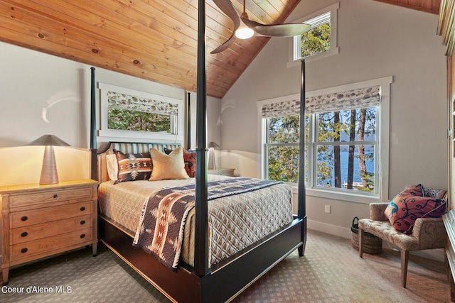 bedroom featuring a water view, ceiling fan, multiple windows, and wooden ceiling