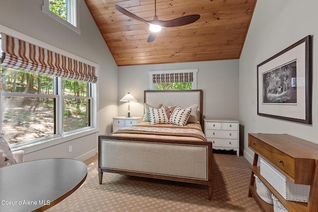 bedroom featuring ceiling fan, multiple windows, and wooden ceiling