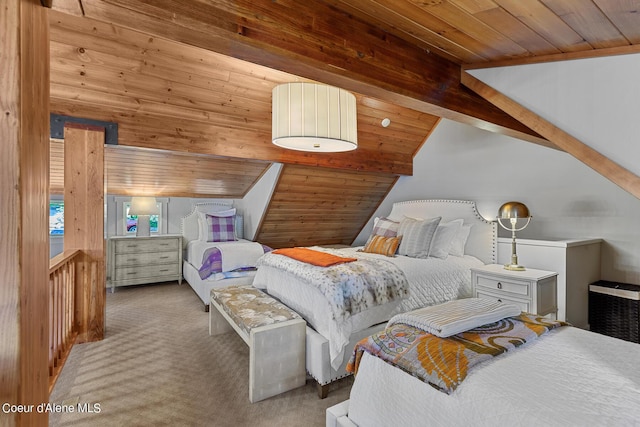 bedroom with lofted ceiling, carpet flooring, and wood ceiling