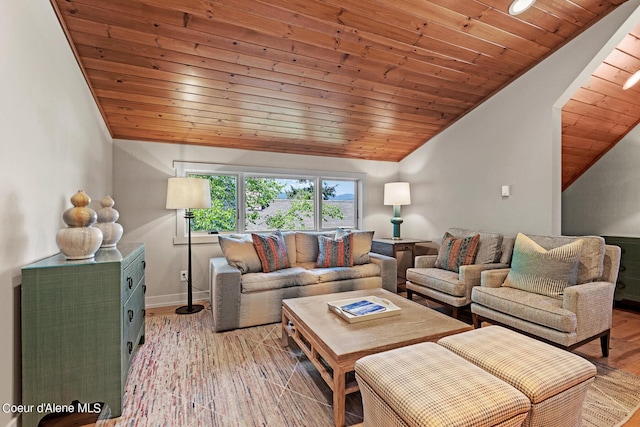 living room with vaulted ceiling, wood ceiling, and light hardwood / wood-style flooring