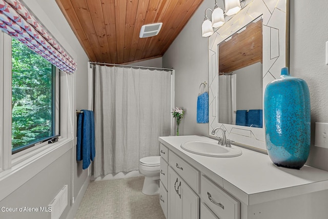 bathroom with toilet, a healthy amount of sunlight, wood ceiling, and vanity