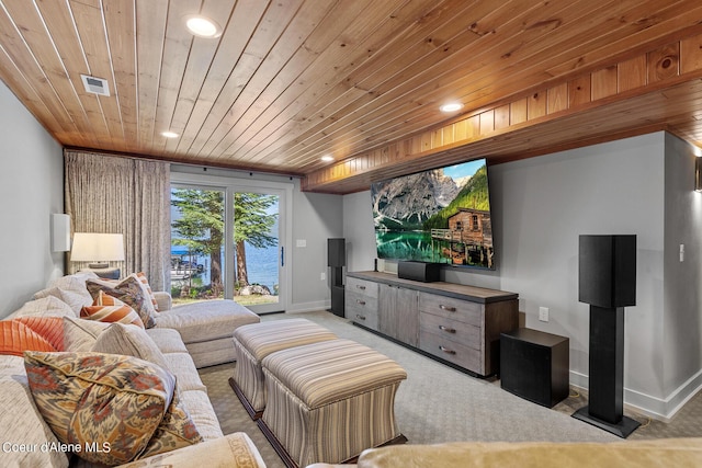 living room featuring wood ceiling and light colored carpet