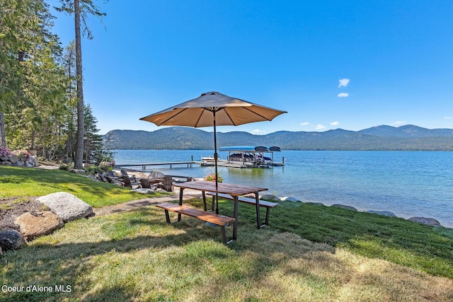 property view of water featuring a mountain view and a boat dock