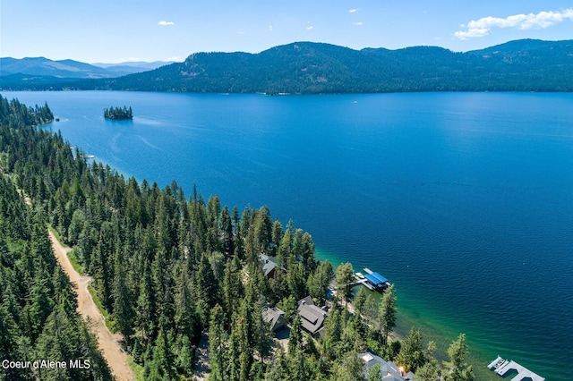 bird's eye view with a water and mountain view