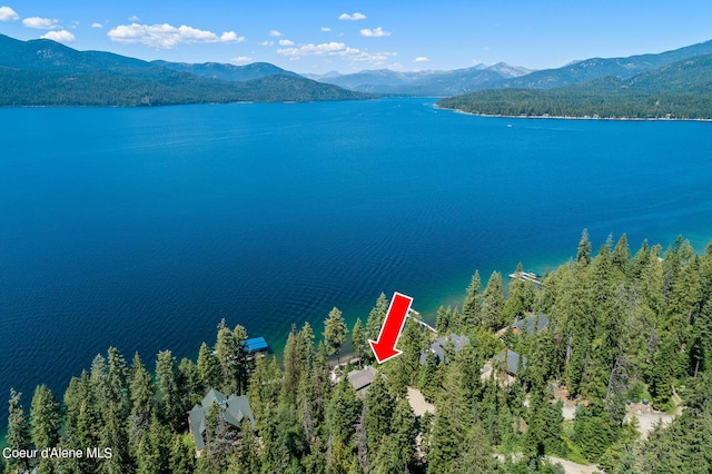 birds eye view of property with a water and mountain view