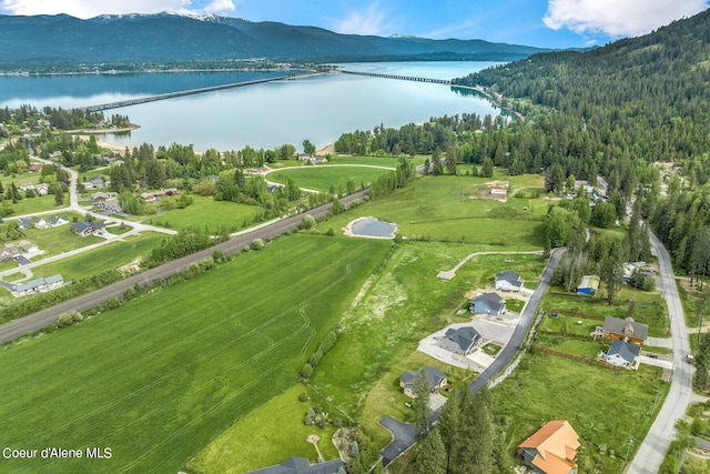 bird's eye view with a water and mountain view