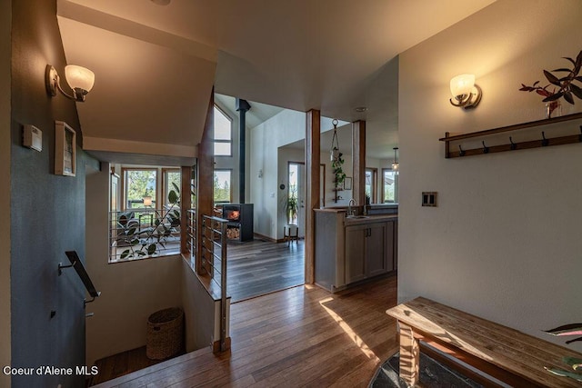 entrance foyer featuring vaulted ceiling, dark wood-type flooring, and sink