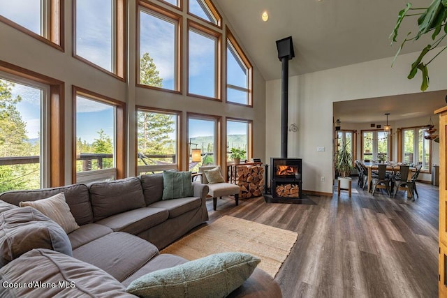 living room featuring a wealth of natural light, a wood stove, and a towering ceiling