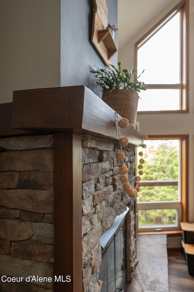 interior space featuring a stone fireplace