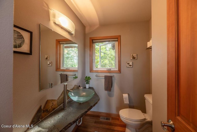 bathroom with toilet, wood-type flooring, and sink