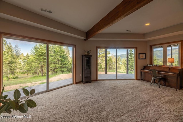 interior space featuring beam ceiling and carpet floors