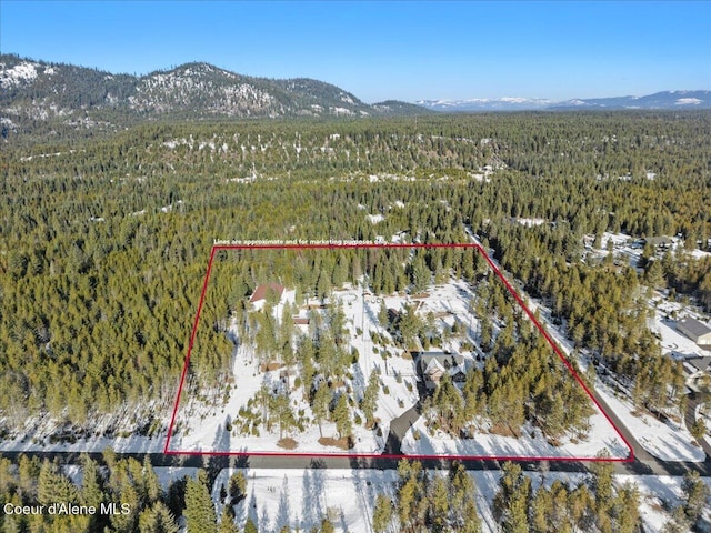 aerial view featuring a mountain view and a view of trees