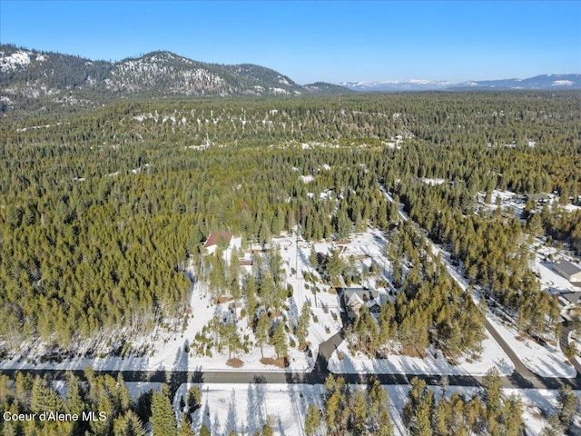 drone / aerial view featuring a mountain view and a view of trees