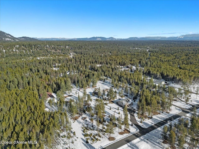 bird's eye view with a mountain view and a wooded view