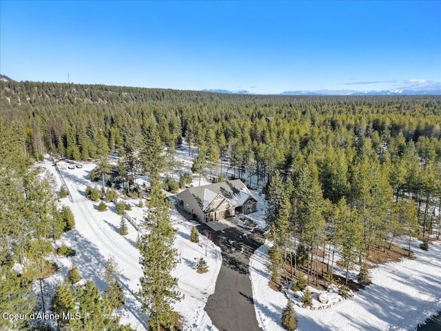 aerial view featuring a wooded view