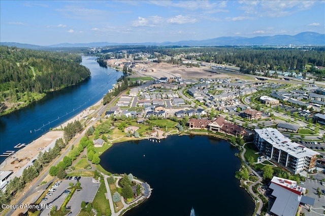 birds eye view of property featuring a water and mountain view