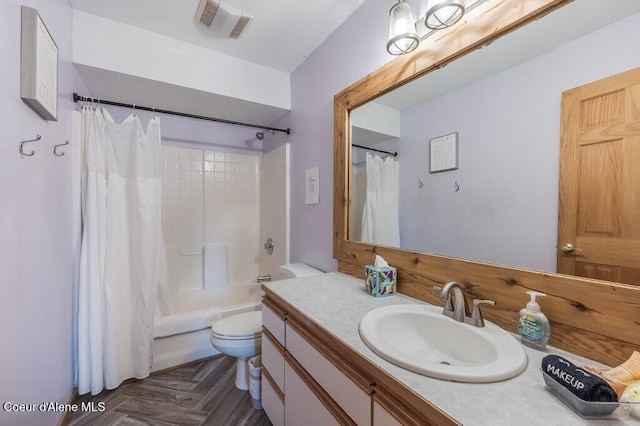 full bathroom with toilet, vanity, shower / bathtub combination with curtain, and parquet flooring