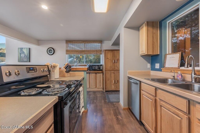 kitchen with sink, light brown cabinets, dark hardwood / wood-style flooring, and stainless steel appliances