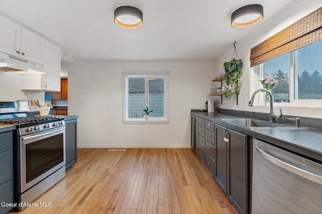 kitchen featuring appliances with stainless steel finishes, white cabinetry, gray cabinetry, sink, and light hardwood / wood-style flooring