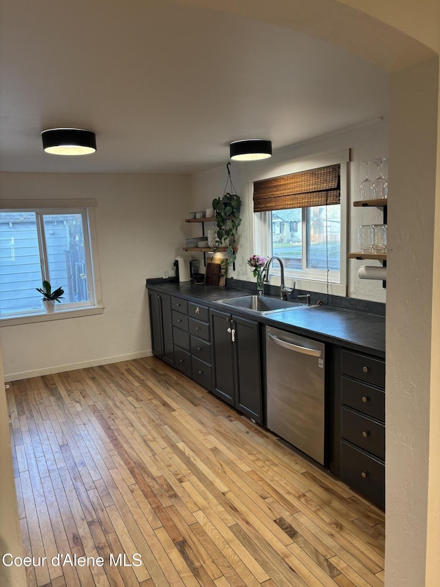 kitchen with dishwasher, light hardwood / wood-style flooring, and sink