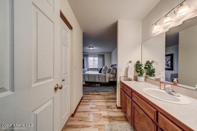 bathroom with hardwood / wood-style flooring and vanity