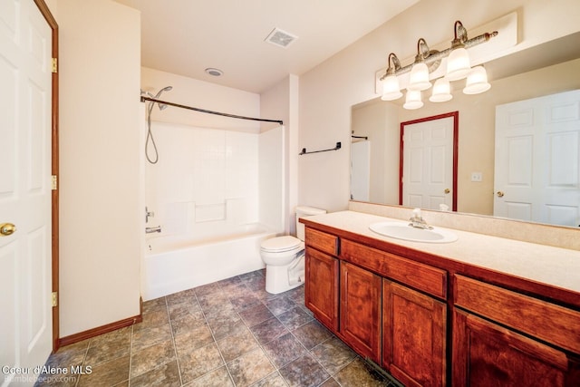 full bathroom with washtub / shower combination, toilet, and vanity