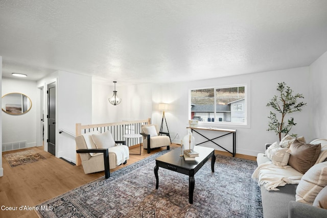 living room with hardwood / wood-style flooring and a textured ceiling