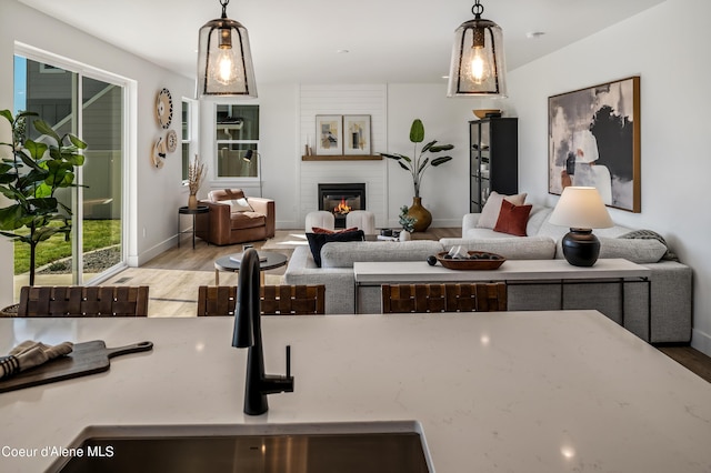 living room featuring a large fireplace, hardwood / wood-style flooring, and sink