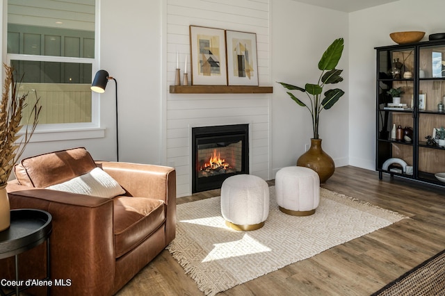 sitting room featuring wood-type flooring and a fireplace