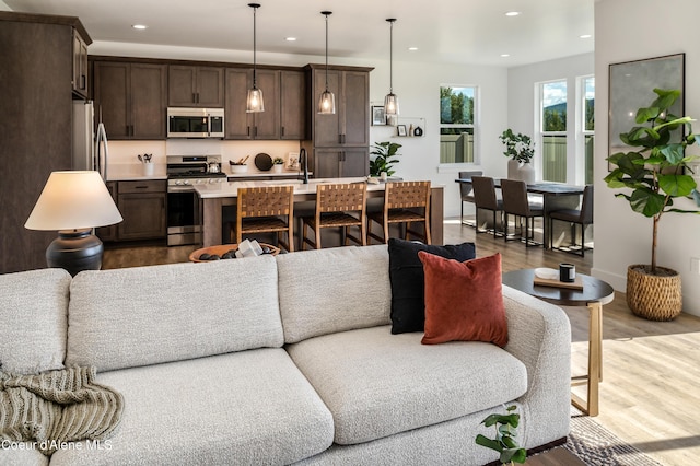 living room with sink and light hardwood / wood-style flooring