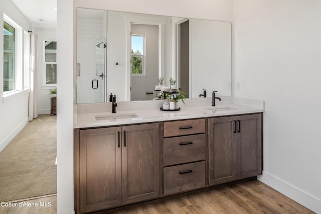 bathroom featuring vanity, hardwood / wood-style floors, plenty of natural light, and an enclosed shower