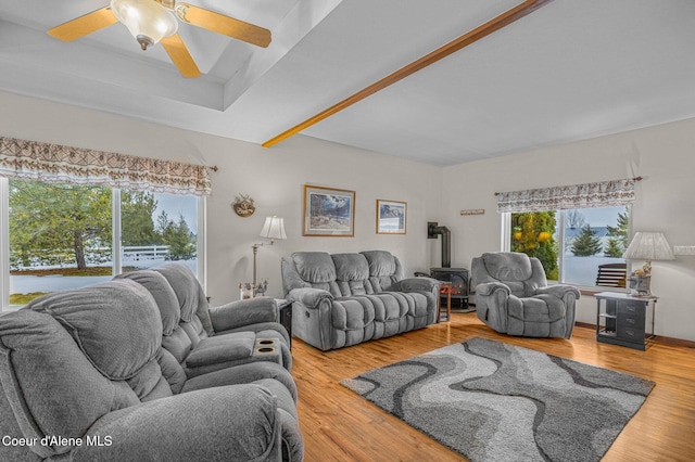 living room featuring hardwood / wood-style floors, ceiling fan, and a wood stove