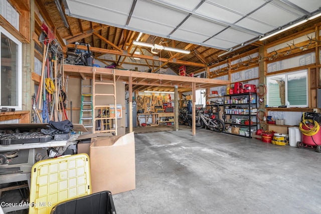 garage with a workshop area