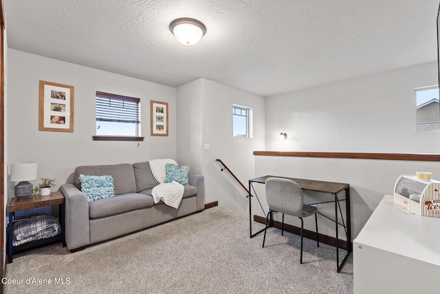 office area with a textured ceiling and light colored carpet