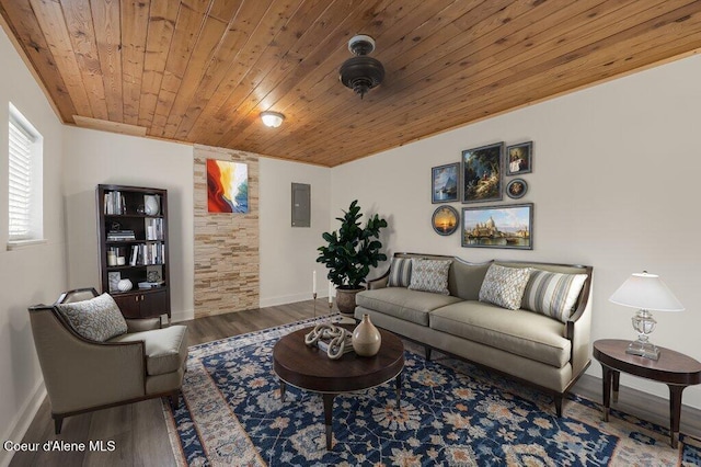 living room featuring wood ceiling, wood-type flooring, and electric panel