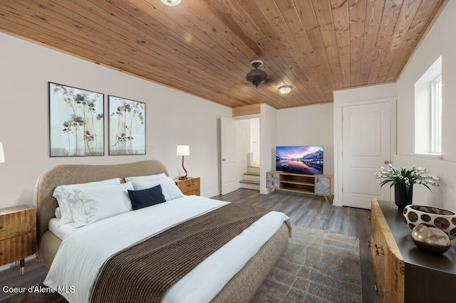 bedroom featuring dark hardwood / wood-style floors and wood ceiling