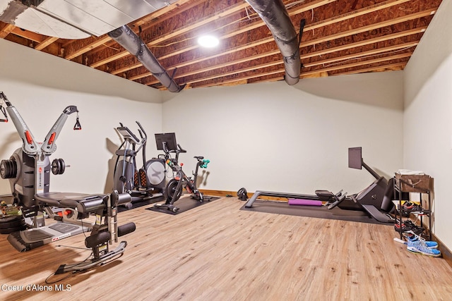 workout room featuring hardwood / wood-style floors