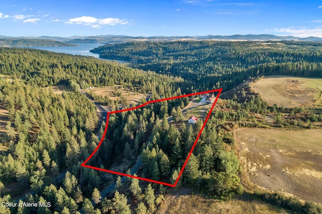 birds eye view of property with a water and mountain view