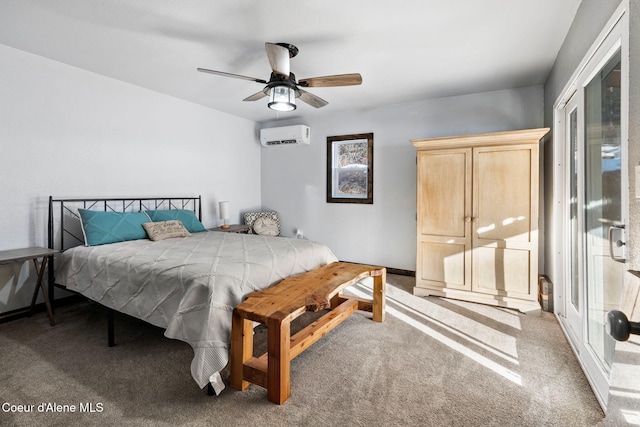 bedroom with ceiling fan, carpet, a wall mounted air conditioner, and multiple windows