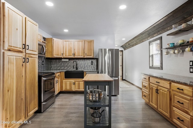 kitchen featuring butcher block counters, appliances with stainless steel finishes, sink, dark wood-type flooring, and backsplash