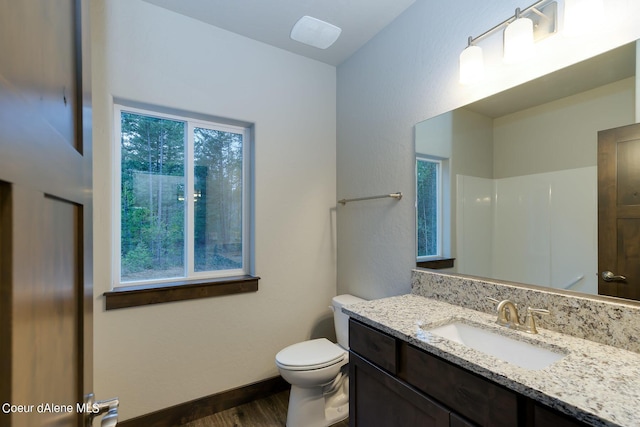 bathroom featuring toilet, wood-type flooring, plenty of natural light, and vanity